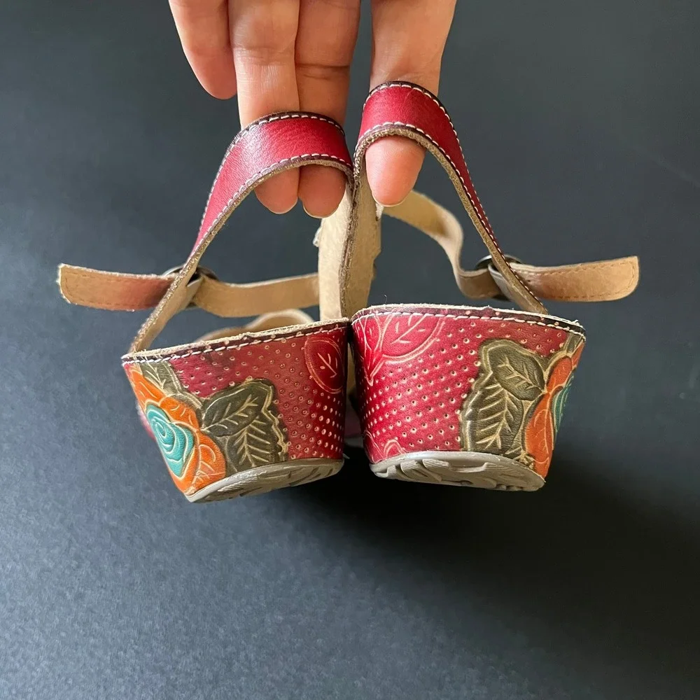 L'Artiste Lizzie-Rose Red Floral Leather Wedge Sandals 41 US 9.5-10 Boho Artsy